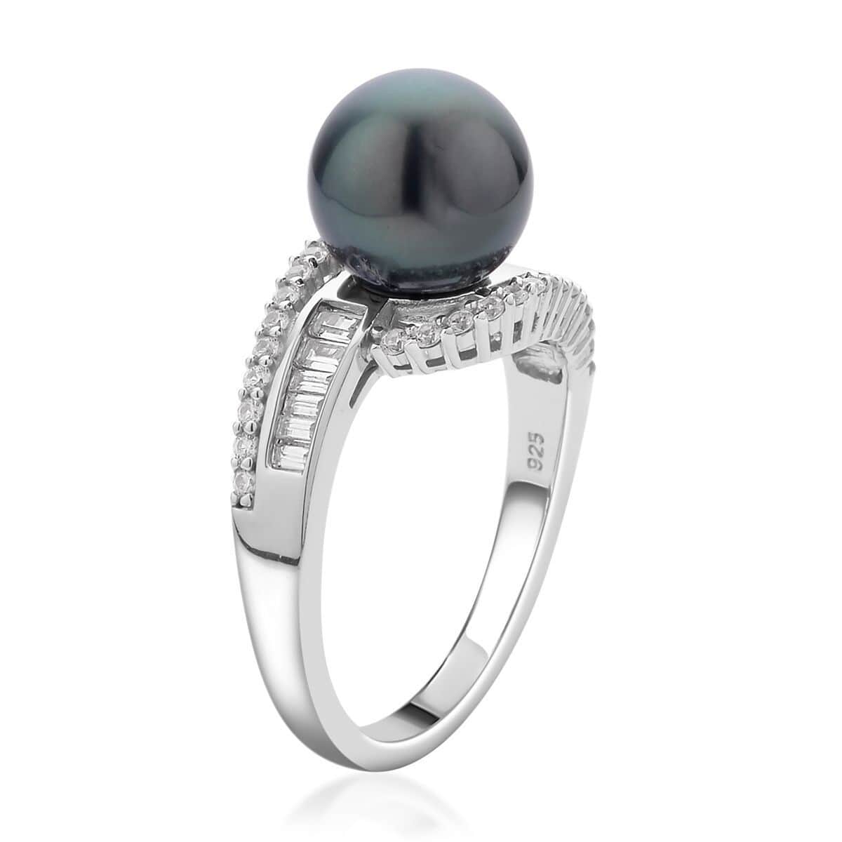 Tahitian Cultured Pearl and Natural White Zircon Ring in Rhodium Over Sterling Silver 0.75 ctw image number 3