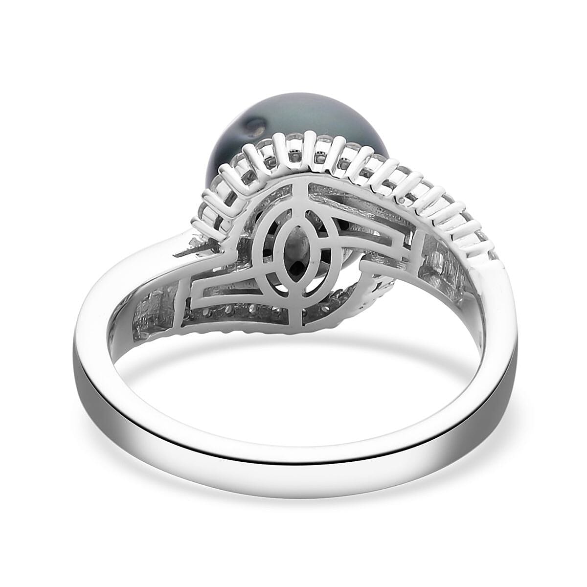 Tahitian Cultured Pearl and Natural White Zircon Ring in Rhodium Over Sterling Silver (Size 10.0) 0.75 ctw