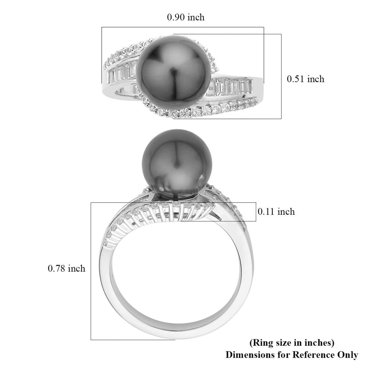 Tahitian Cultured Pearl and Natural White Zircon Ring in Rhodium Over Sterling Silver 0.75 ctw image number 5
