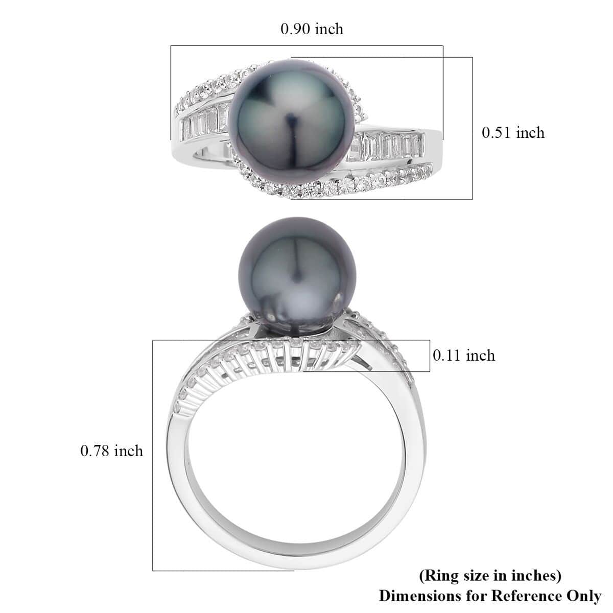 Tahitian Cultured Pearl and Natural White Zircon Ring in Rhodium Over Sterling Silver (Size 8.0) 0.75 ctw image number 5