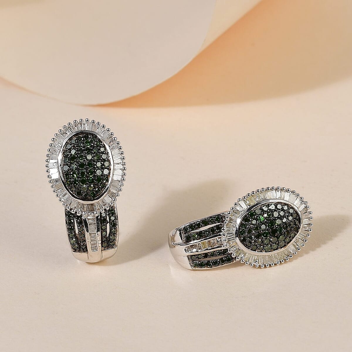 Green and White Diamond J-Hoop Earrings in Platinum Over Sterling Silver 2.00 ctw image number 1