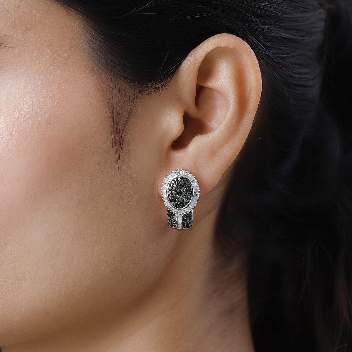 Green and White Diamond J-Hoop Earrings in Platinum Over Sterling Silver 2.00 ctw image number 2