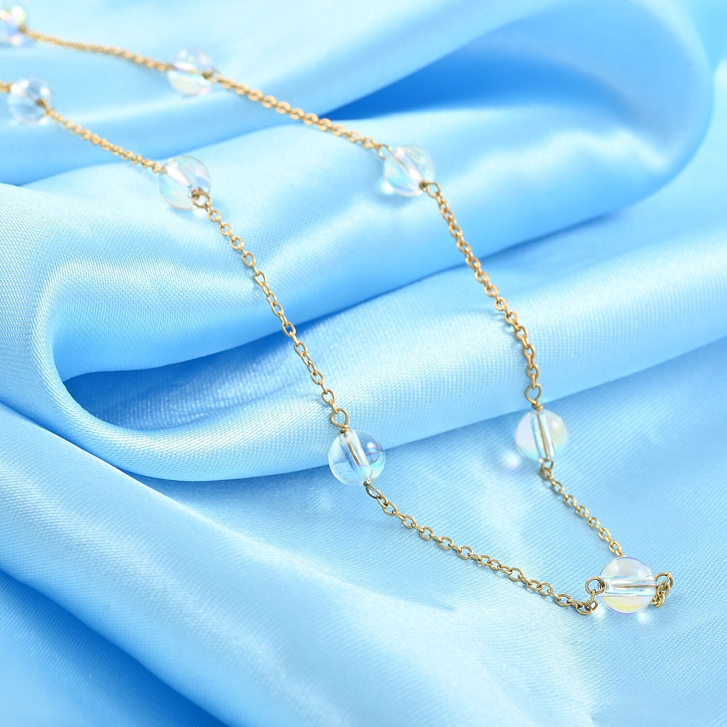 Austrian Crystal Station Necklace 20 Inches in 14K Yellow Gold Over Sterling Silver