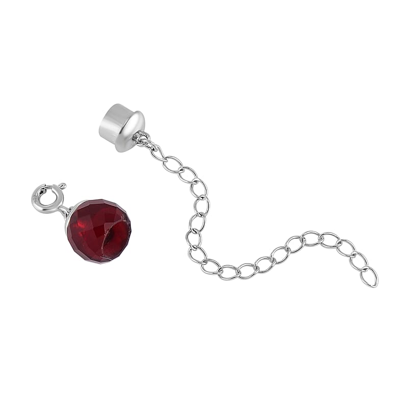 Red Glass Magnetic Lock 2Inch Extender Chain with 5mm Spring Ring Lock in Rhodium Over Sterling Silver