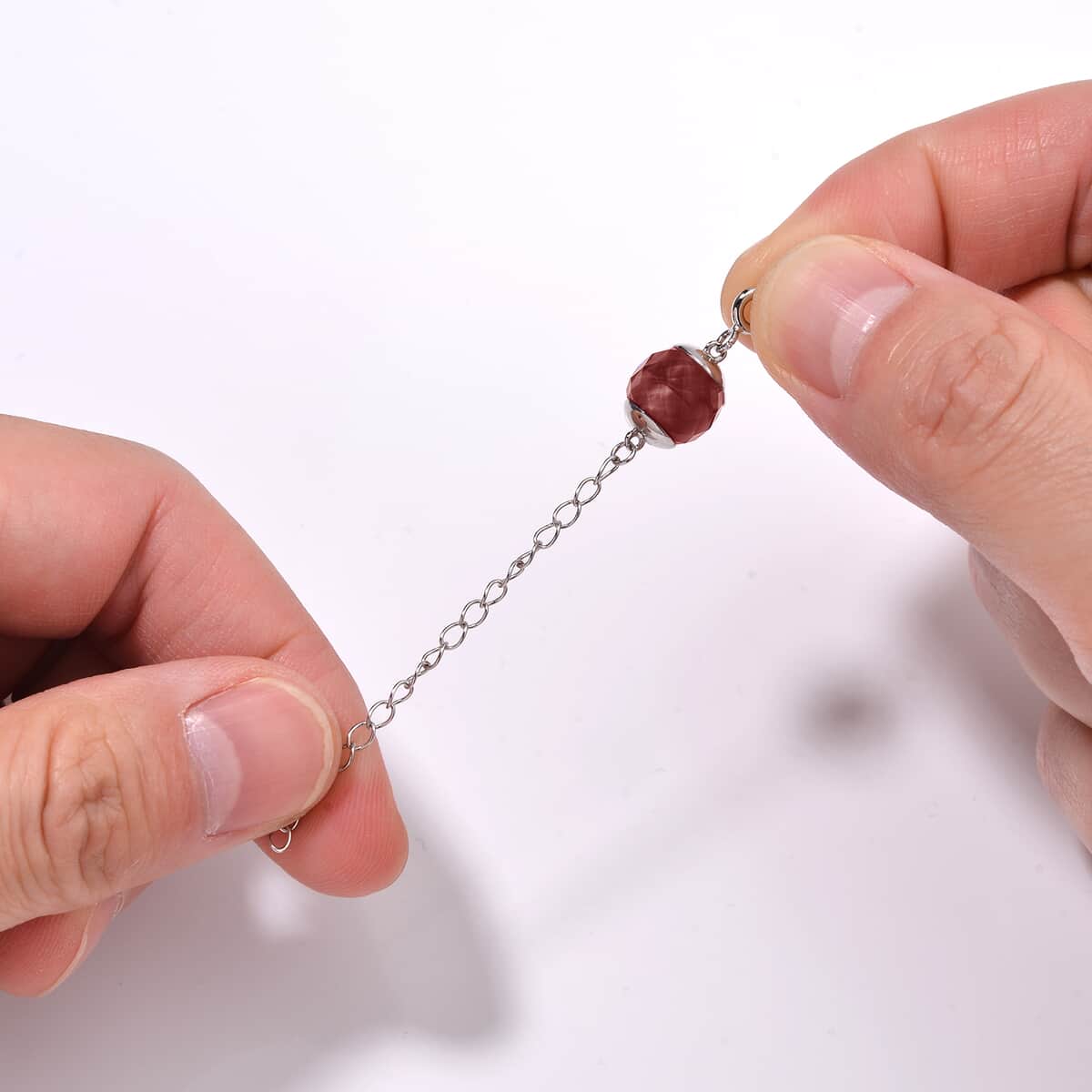 Red Glass Magnetic Lock 2Inch Extender Chain with 9mm Lobster Lock in Rhodium Over Sterling Silver image number 3