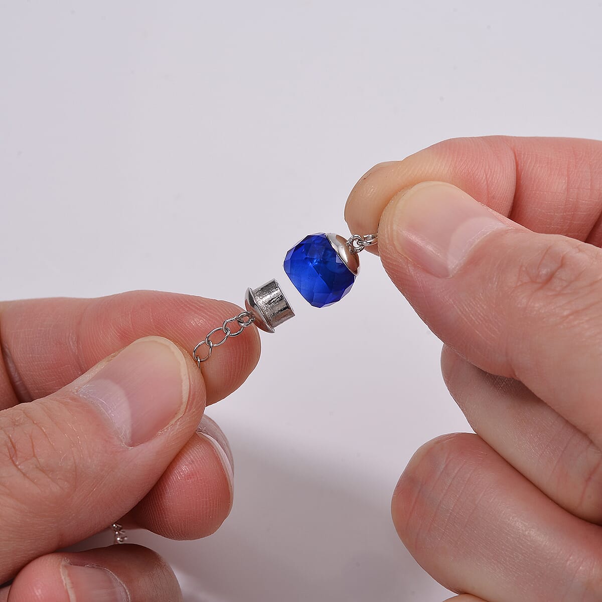 Blue Glass Magnetic Lock 2Inch Extender Chain with 5mm Spring Ring Lock in Rhodium Over Sterling Silver image number 2