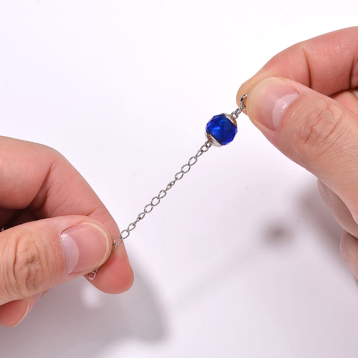Blue Glass Magnetic Lock 2Inch Extender Chain with 5mm Spring Ring Lock in Rhodium Over Sterling Silver image number 3