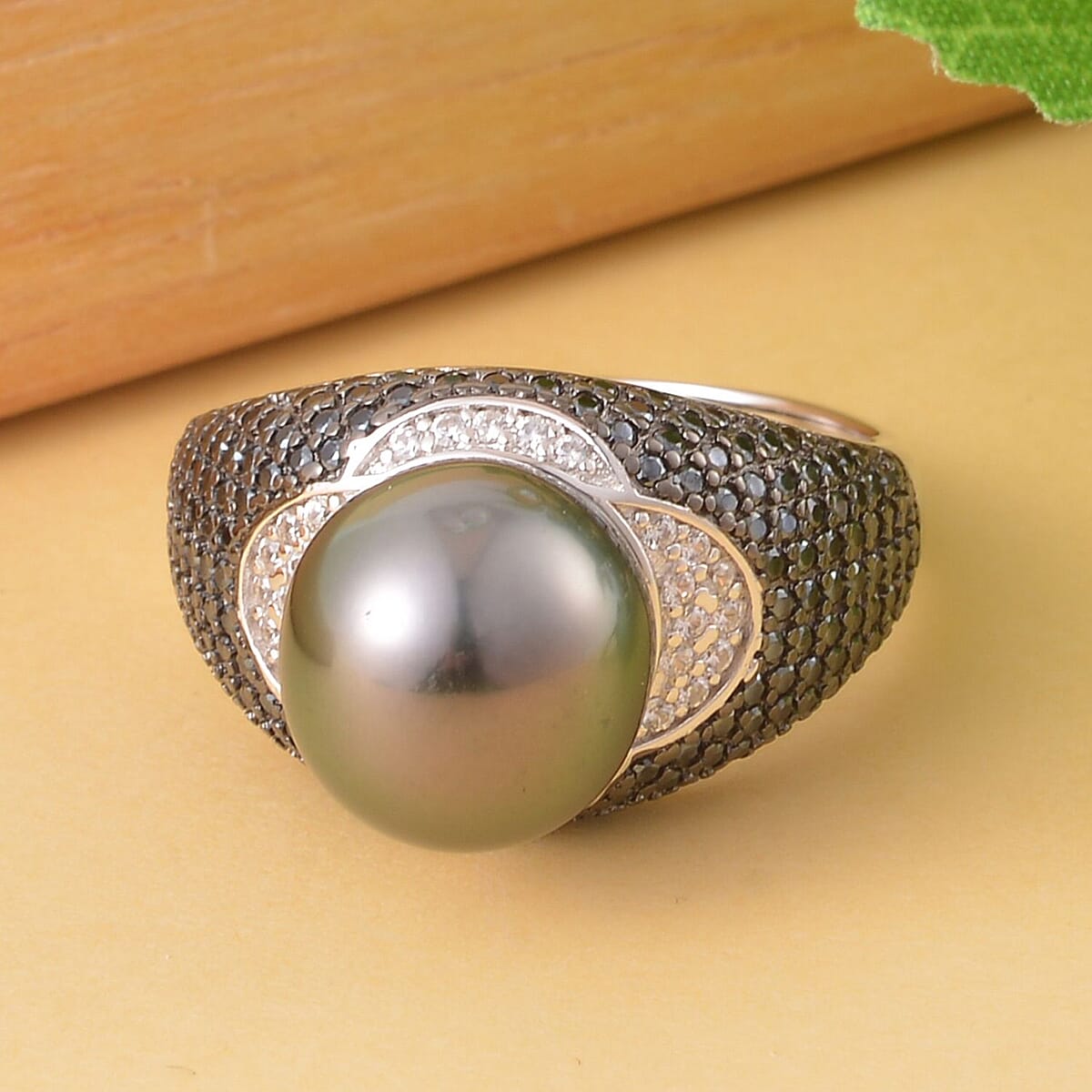 Tahitian Cultured Pearl and Multi Gemstone Ring in Rhodium & Platinum Over Sterling Silver (Size 5.0) 1.25 ctw image number 1