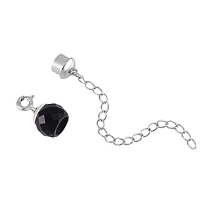 Black Glass Magnetic Lock 2Inch Extender Chain with 5mm Ring Lock in Rhodium Over Sterling Silver
