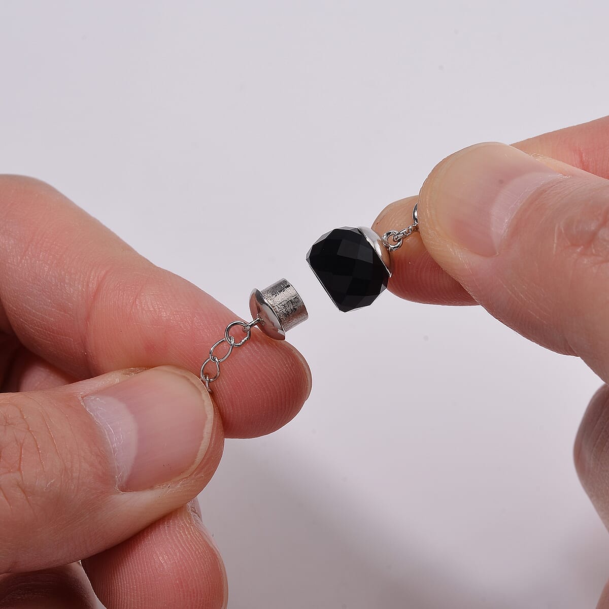 Black Glass Magnetic Lock 2Inch Extender Chain with 5mm Ring Lock in Rhodium Over Sterling Silver image number 2