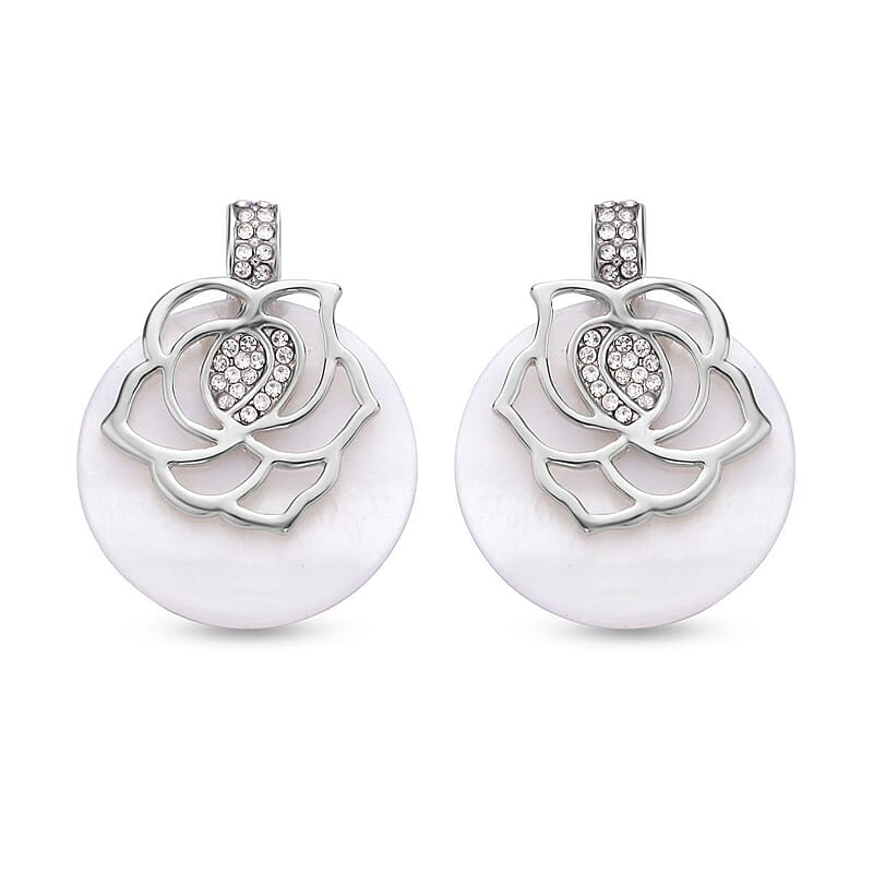 Austrian Crystal, White Shell Pearl Earrings in Silvertone