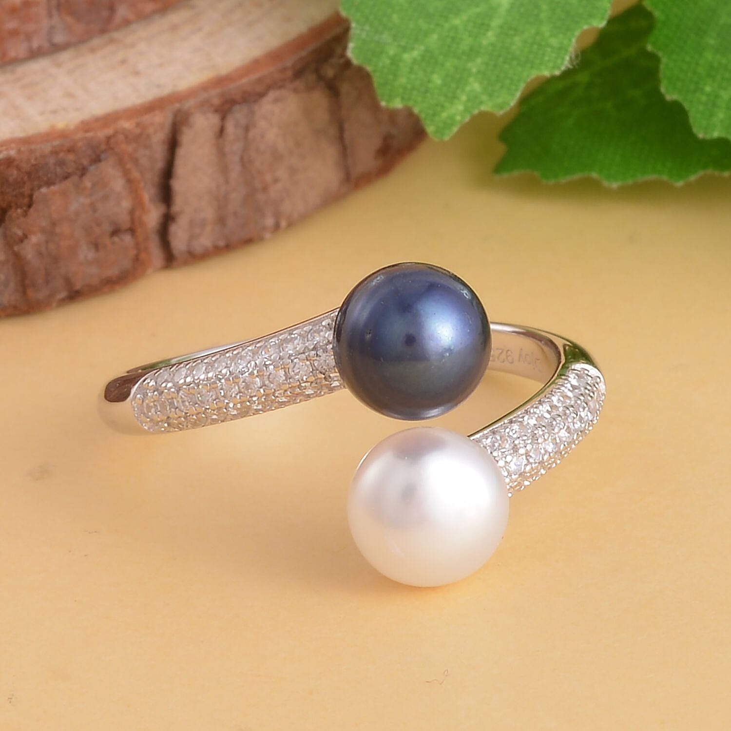 Freshwater White and Peacock Pearl and Simulated Diamond Bypass Ring in Rhodium Over Sterling Silver (Size 10.0) 0.40 ctw