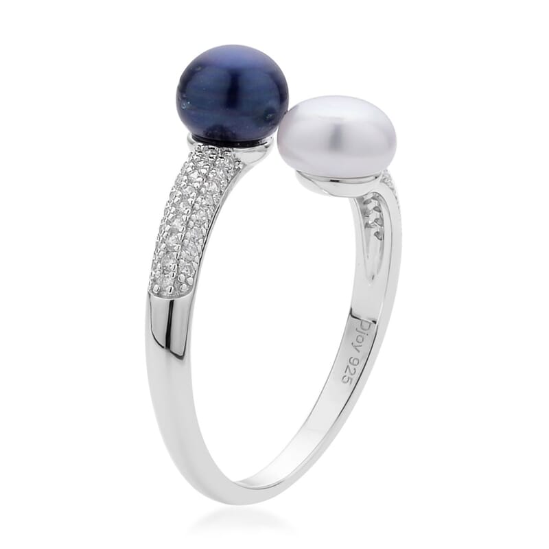 Freshwater White and Peacock Pearl and Simulated Diamond Bypass Ring in Rhodium Over Sterling Silver (Size 10.0) 0.40 ctw