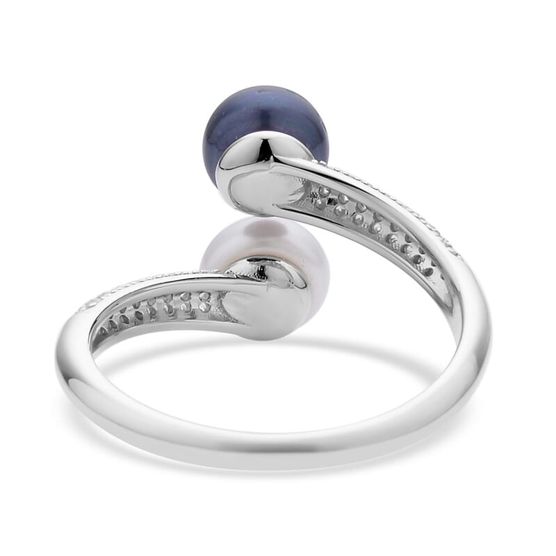 Freshwater White and Peacock Pearl and Simulated Diamond Bypass Ring in Rhodium Over Sterling Silver (Size 10.0) 0.40 ctw