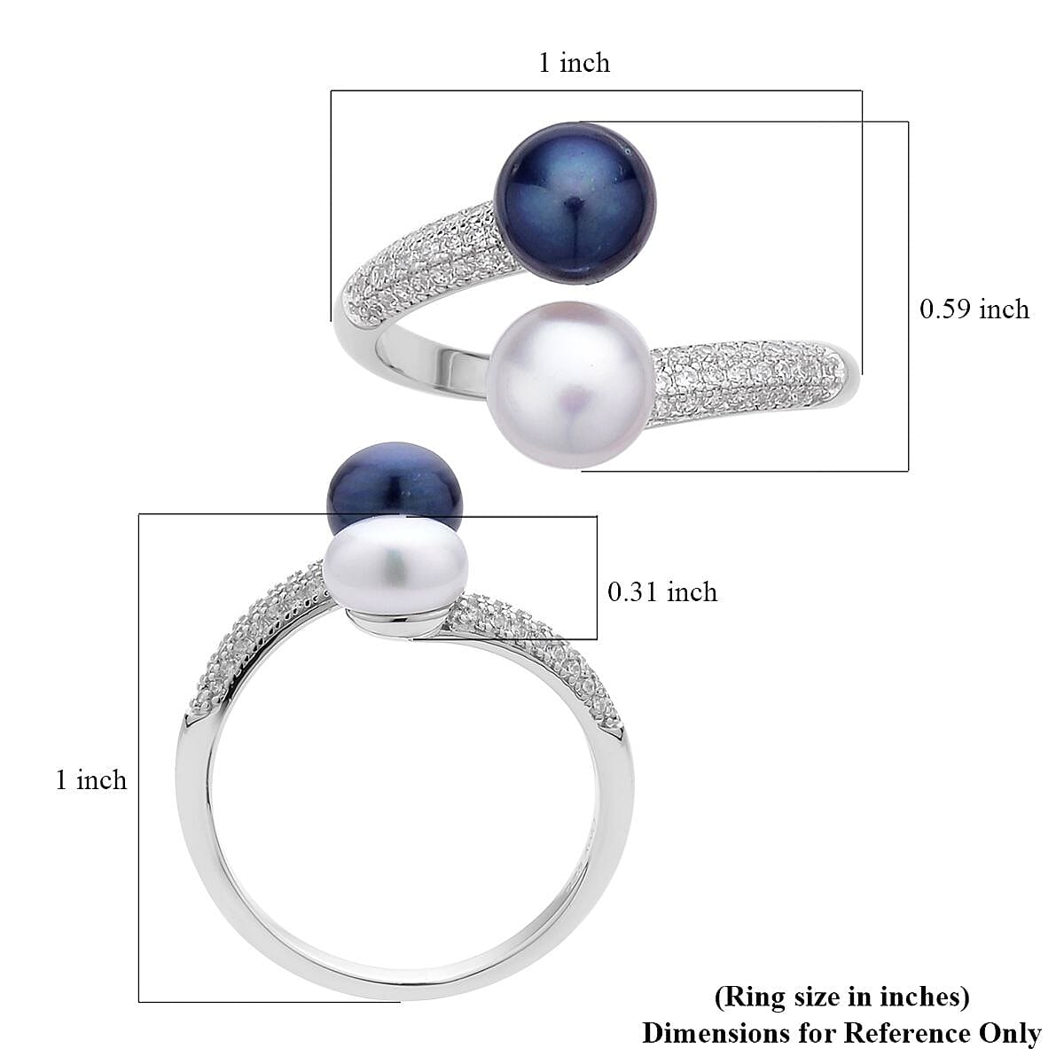 Freshwater White and Peacock Pearl and Simulated Diamond Bypass Ring in Rhodium Over Sterling Silver (Size 7.0) 0.40 ctw image number 5