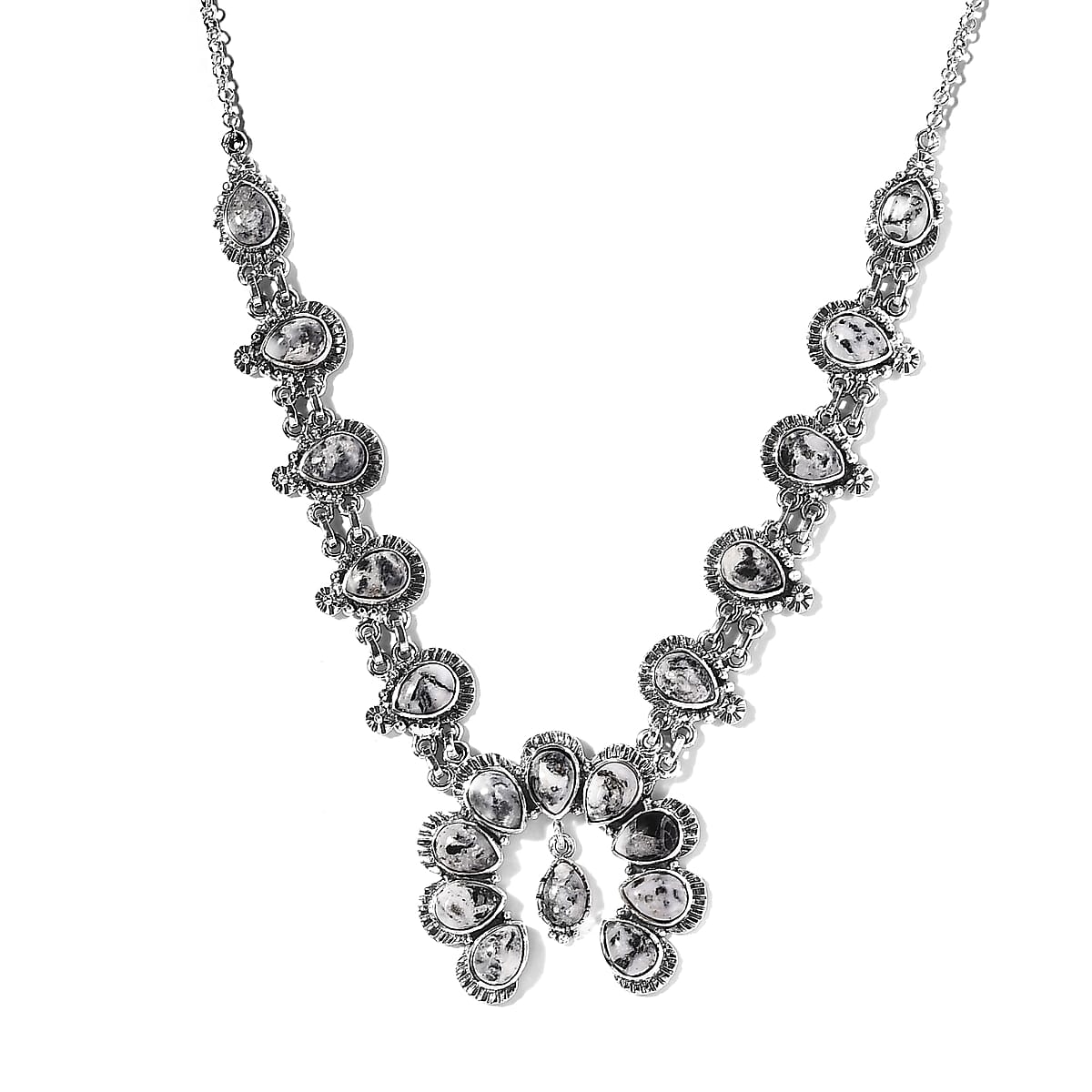 American Natural White Buffalo Squash Blossom Necklace 18 Inches in Sterling Silver 14.90 Grams 15.60 ctw image number 0