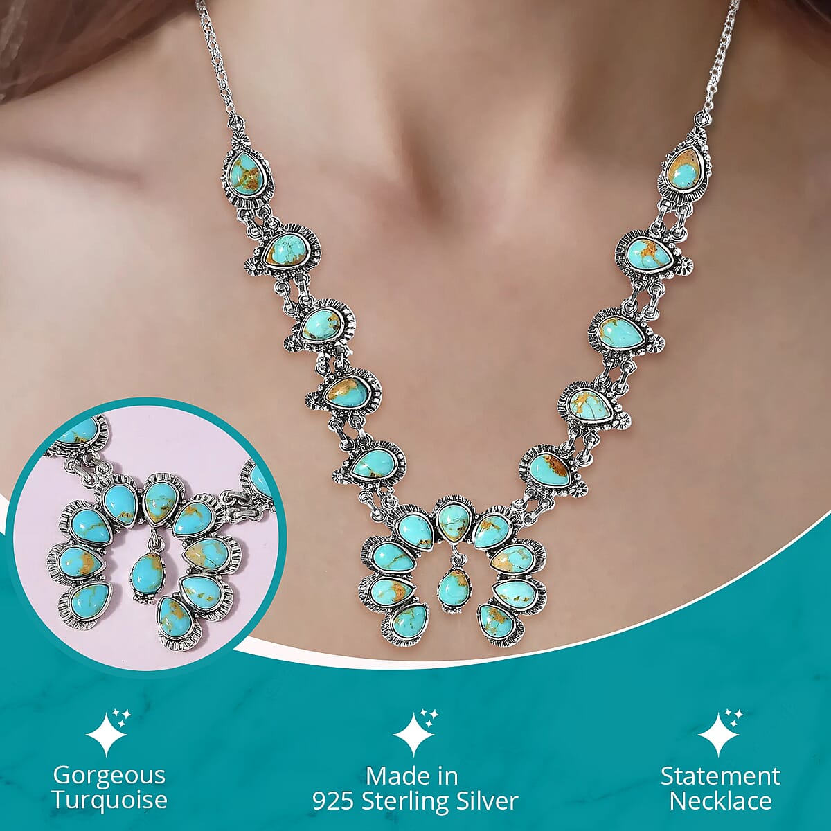 Royston Turquoise Necklace | Squash Blossom Necklace |Sterling Silver Necklace | 18 Inch Necklace | Gifts For Her 14.15 ctw image number 2