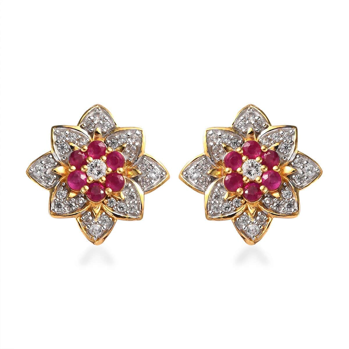 Premium Montepuez Ruby and White Zircon Floral Stud Earrings in Vermeil Yellow Gold Over Sterling Silver 2.00 ctw image number 0