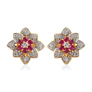 Premium Montepuez Ruby and White Zircon Floral Stud Earrings in Vermeil Yellow Gold Over Sterling Silver 2.00 ctw