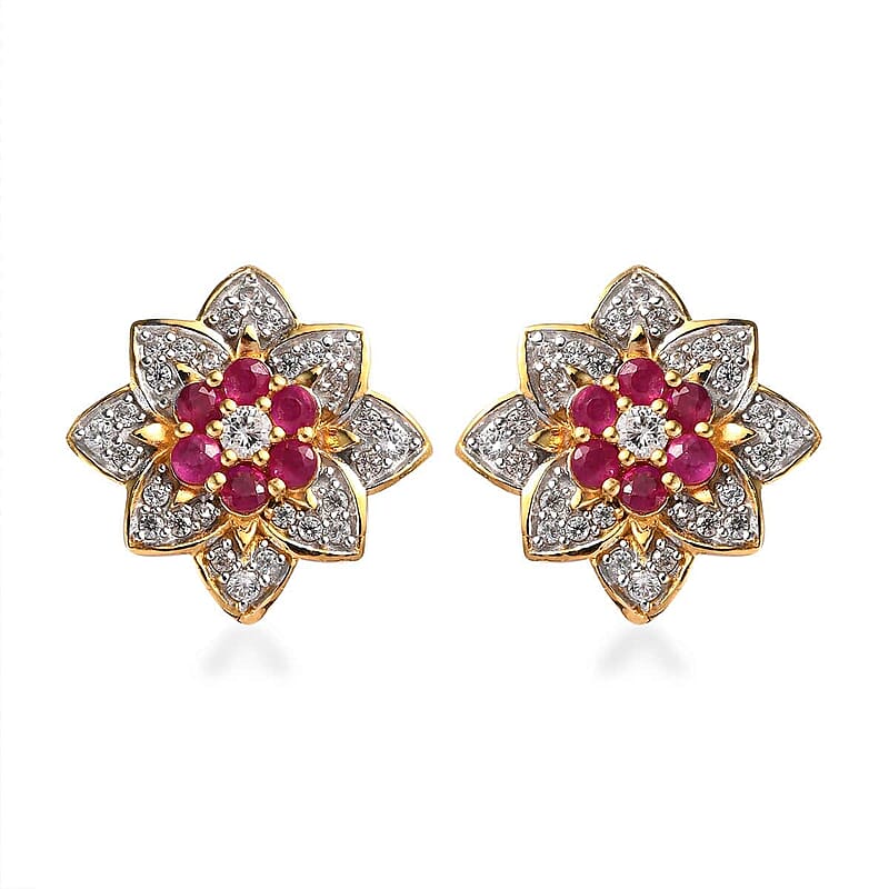 Premium Montepuez Ruby and White Zircon Floral Stud Earrings in Vermeil Yellow Gold Over Sterling Silver 2.00 ctw