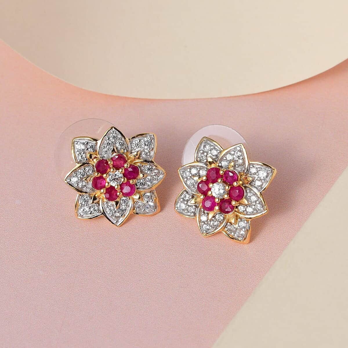 Premium Montepuez Ruby and White Zircon Floral Stud Earrings in Vermeil Yellow Gold Over Sterling Silver 2.00 ctw image number 1