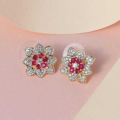 Premium Montepuez Ruby and White Zircon Floral Stud Earrings in Vermeil Yellow Gold Over Sterling Silver 2.00 ctw
