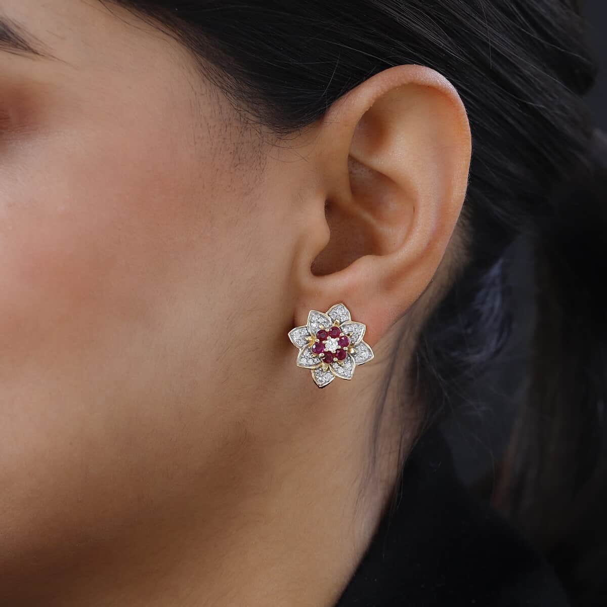 Premium Montepuez Ruby and White Zircon Floral Stud Earrings in Vermeil Yellow Gold Over Sterling Silver 2.00 ctw image number 2