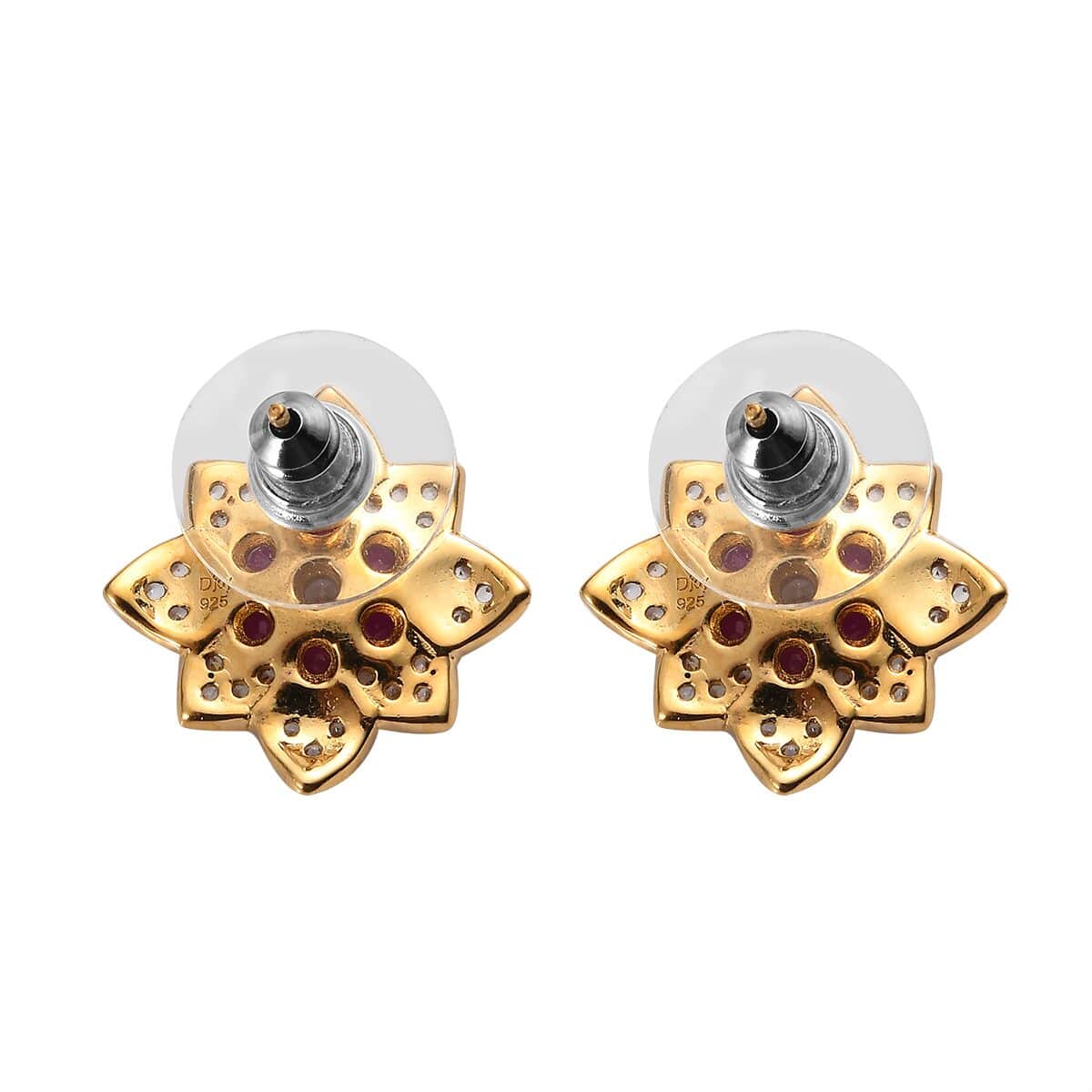 Premium Montepuez Ruby and White Zircon Floral Stud Earrings in Vermeil Yellow Gold Over Sterling Silver 2.00 ctw image number 3