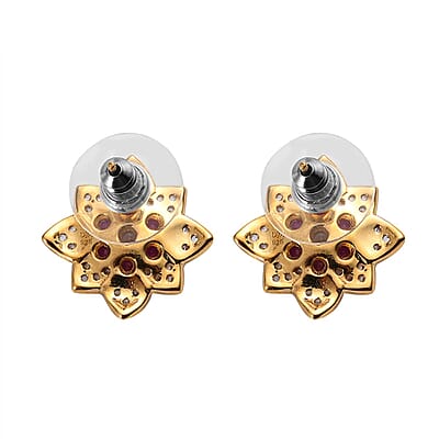 Premium Montepuez Ruby and White Zircon Floral Stud Earrings in Vermeil Yellow Gold Over Sterling Silver 2.00 ctw
