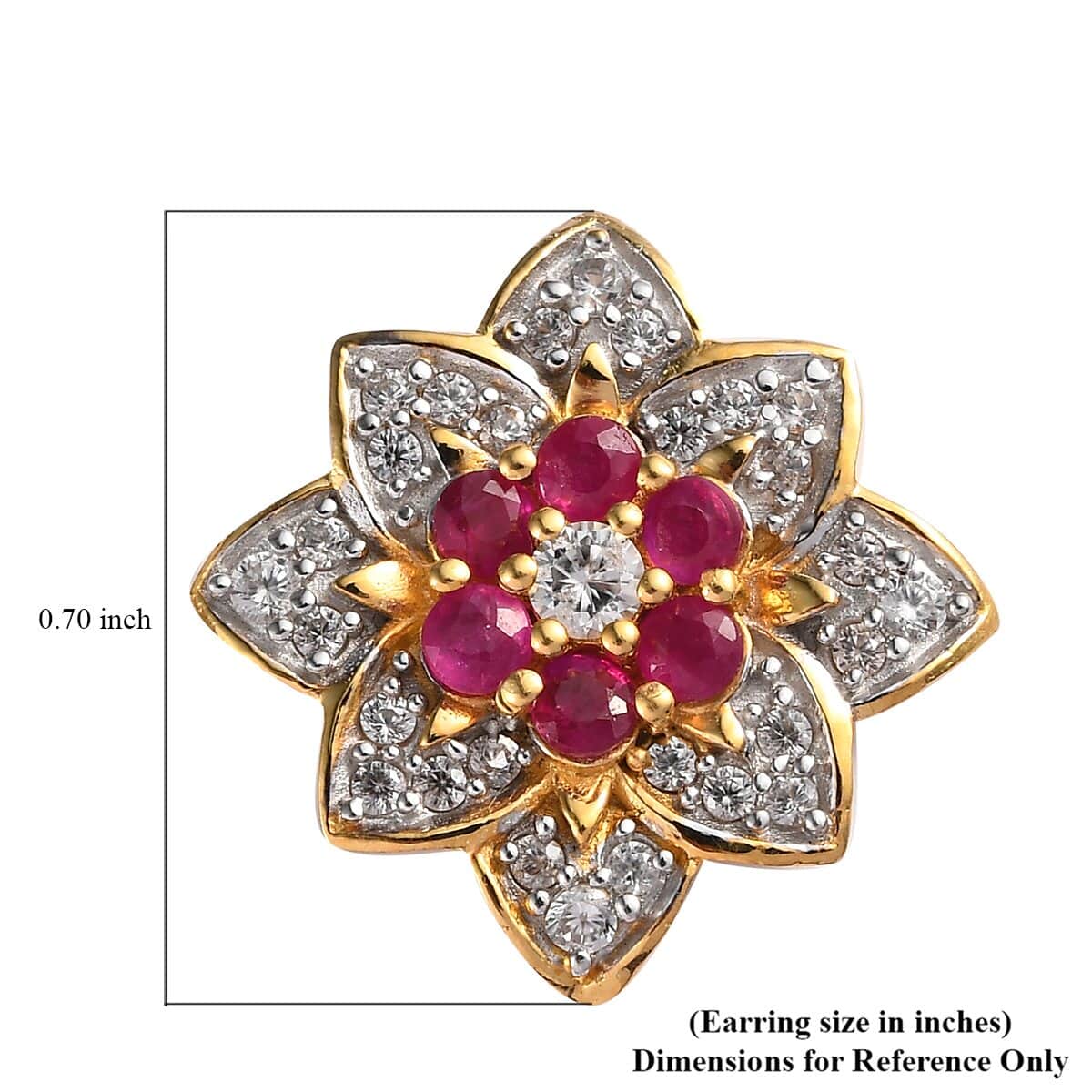 Premium Montepuez Ruby and White Zircon Floral Stud Earrings in Vermeil Yellow Gold Over Sterling Silver 2.00 ctw image number 4