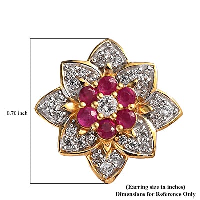 Premium Montepuez Ruby and White Zircon Floral Stud Earrings in Vermeil Yellow Gold Over Sterling Silver 2.00 ctw