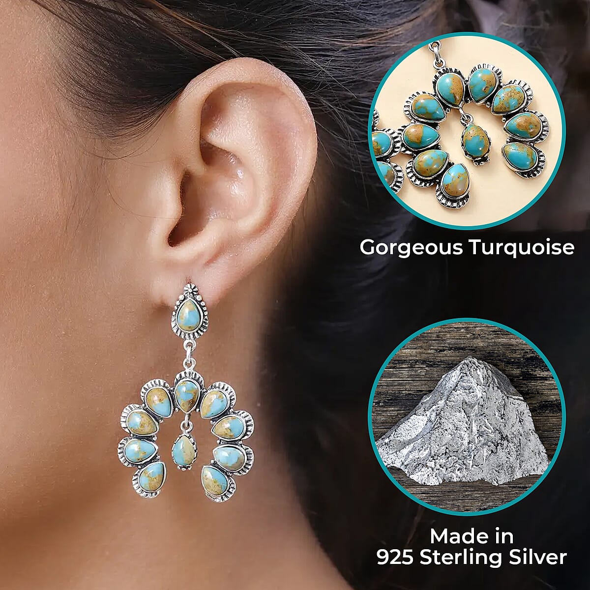 Artisan Crafted Royston Turquoise Earrings | Squash Blossom Earrings |Sterling Silver Earrings | Dangle Earrings 15.65 ctw image number 2