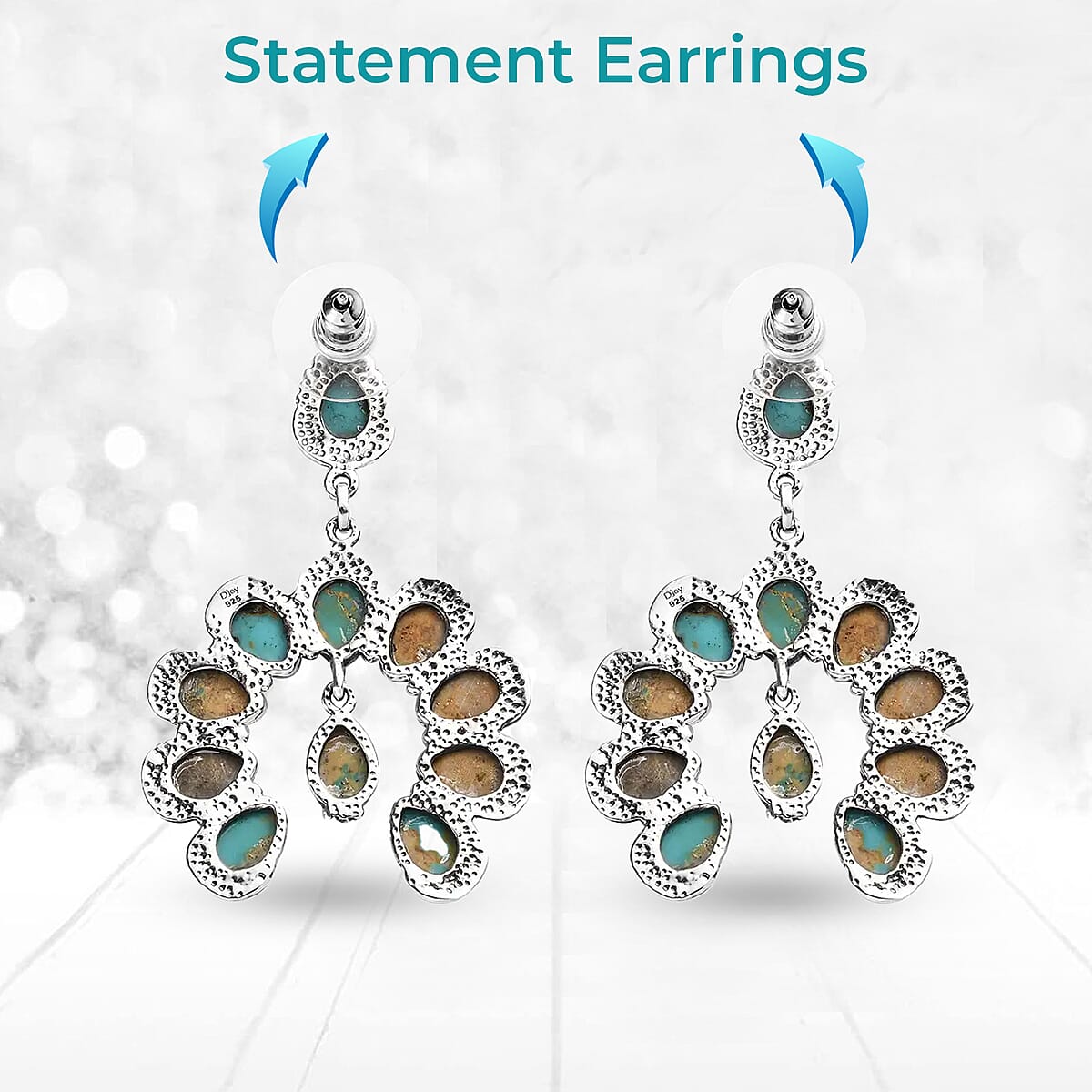 Artisan Crafted Royston Turquoise Earrings | Squash Blossom Earrings |Sterling Silver Earrings | Dangle Earrings 15.65 ctw image number 3