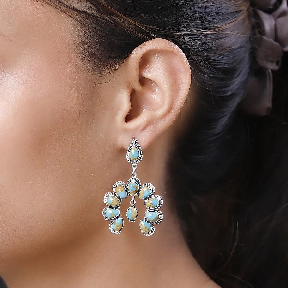 Artisan Crafted Royston Turquoise Earrings | Squash Blossom Earrings |Sterling Silver Earrings | Dangle Earrings 15.65 ctw image number 5