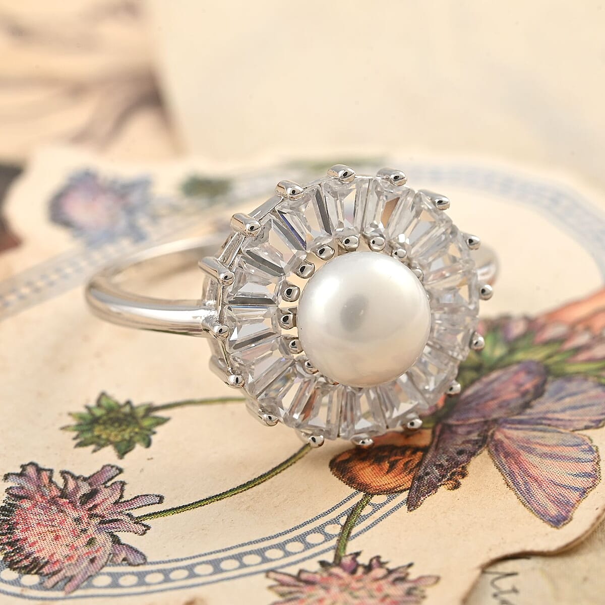 White Freshwater Pearl and Simulated Diamond Floral Ring in Rhodium Over Sterling Silver (Size 5.0) 1.00 ctw image number 1