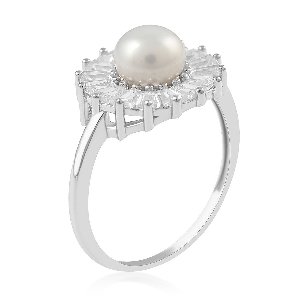 White Freshwater Pearl and Simulated Diamond Floral Ring in Rhodium Over Sterling Silver (Size 5.0) 1.00 ctw image number 3