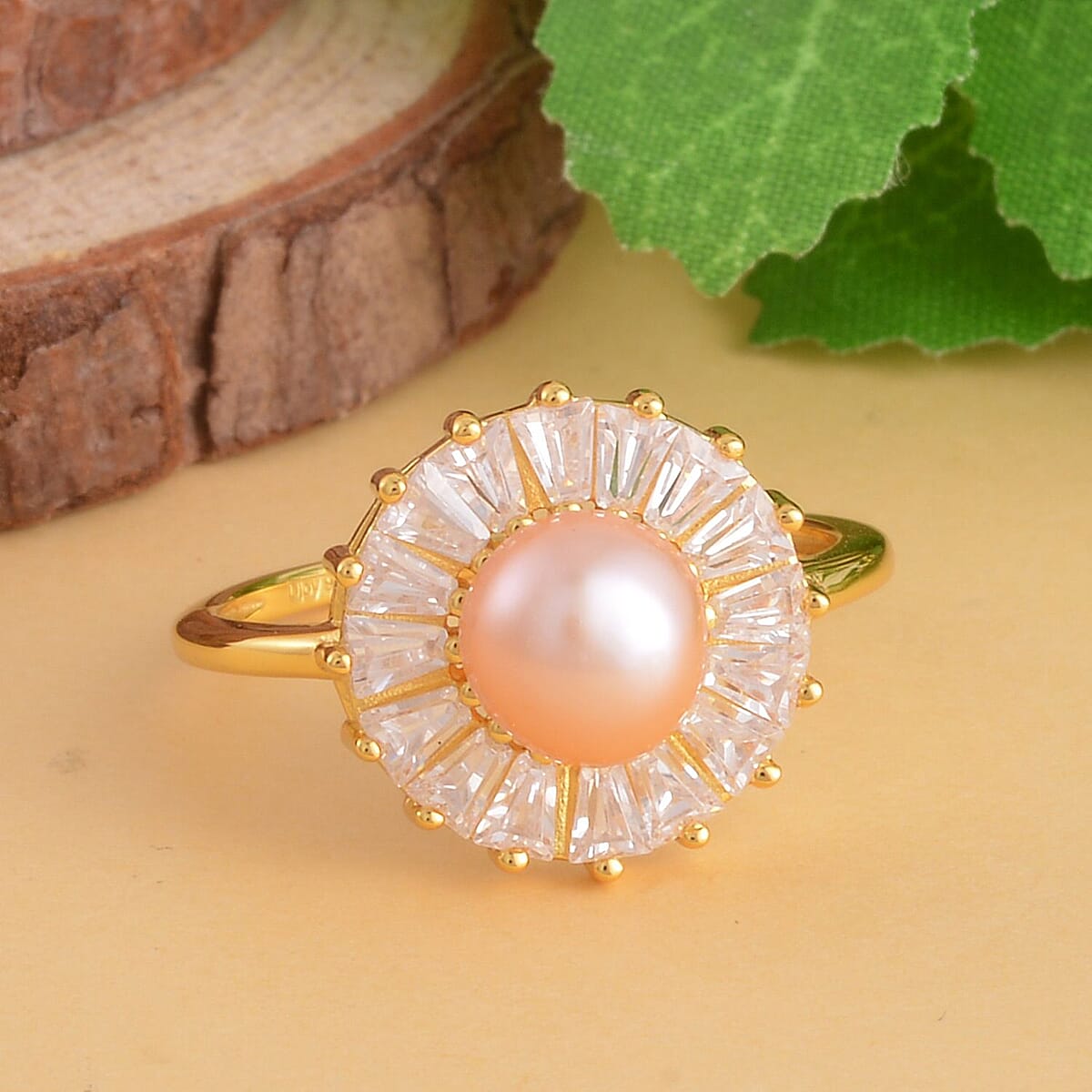 Peach Freshwater Pearl and Simulated Diamond Floral Ring in 14K Yellow Gold Over Sterling Silver (Size 10.0) 1.00 ctw image number 1