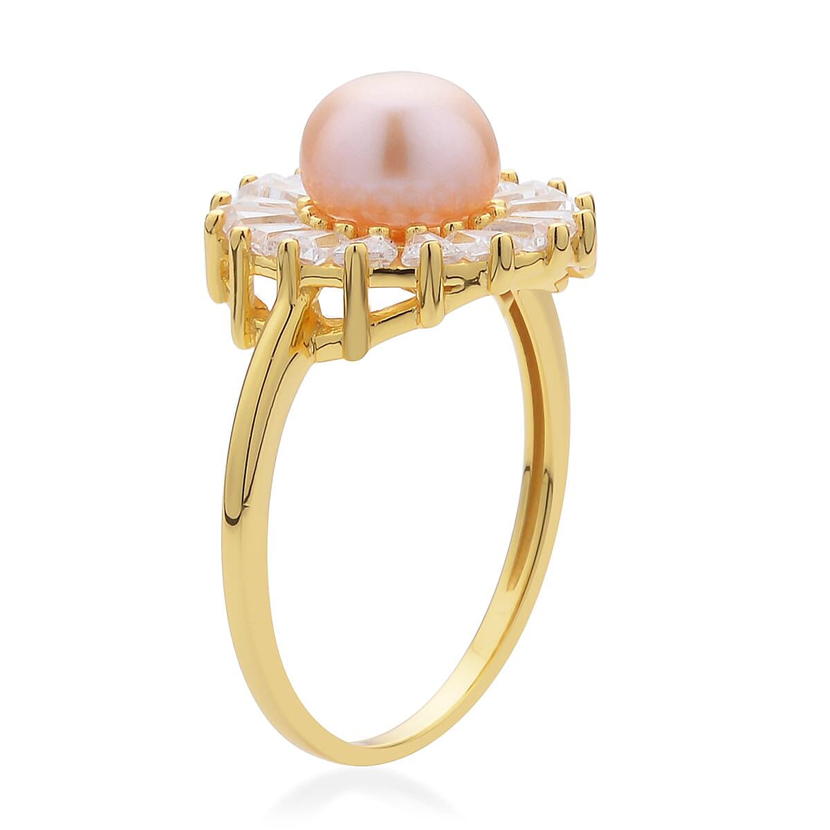Peach Freshwater Pearl and Simulated Diamond Floral Ring in 14K Yellow Gold Over Sterling Silver (Size 10.0) 1.00 ctw image number 3