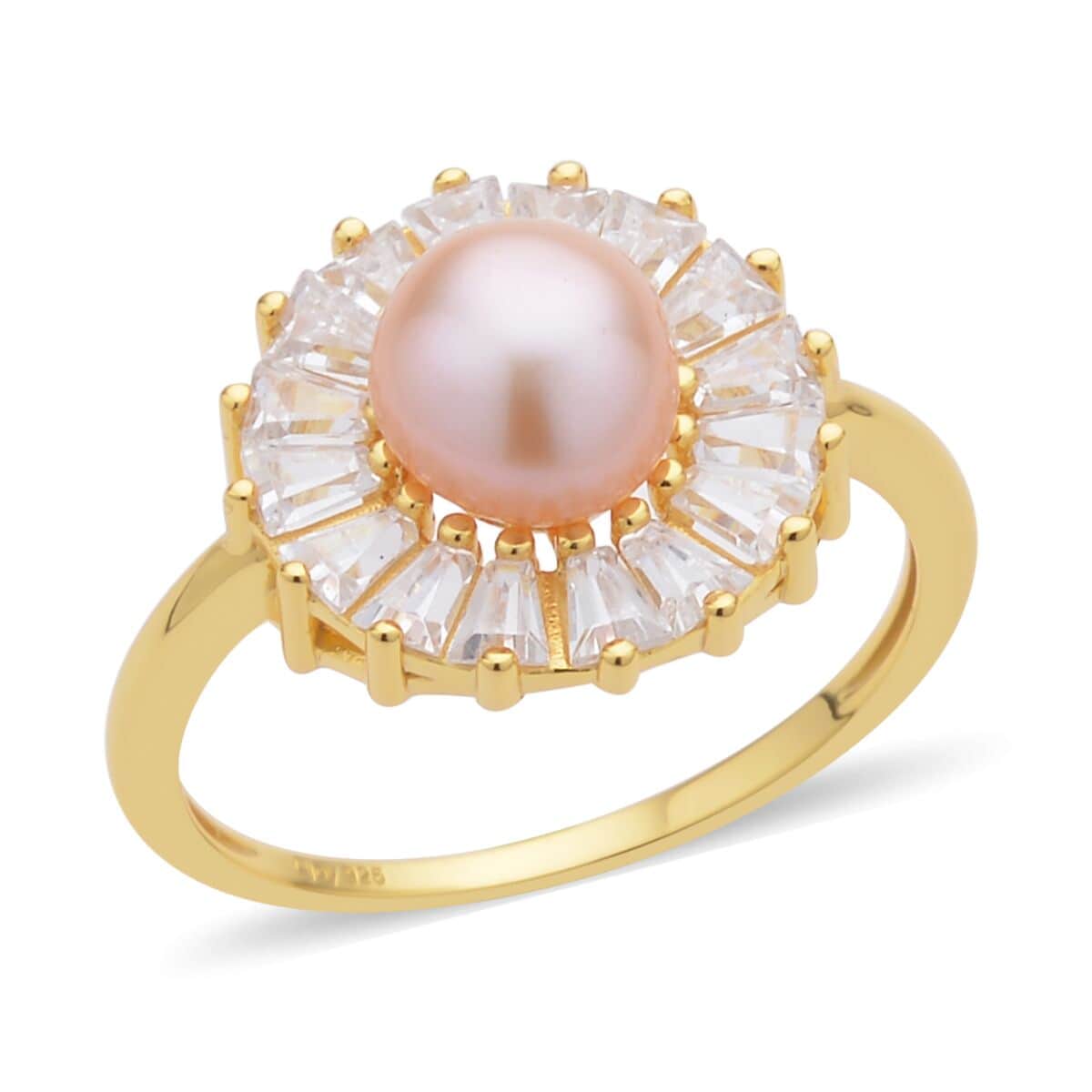 Peach Freshwater Pearl and Simulated Diamond Floral Ring in 14K Yellow Gold Over Sterling Silver (Size 6.0) 1.00 ctw image number 0