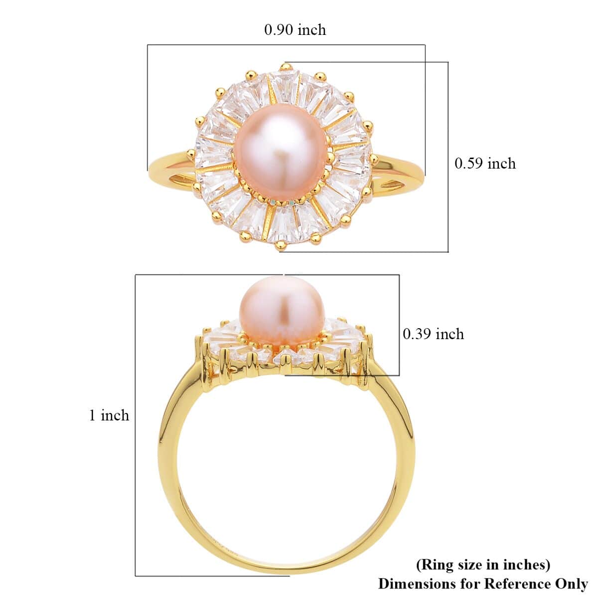 Peach Freshwater Pearl and Simulated Diamond Floral Ring in 14K Yellow Gold Over Sterling Silver (Size 8.0) 1.00 ctw image number 5