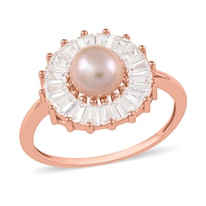 Purple Freshwater Pearl and Simulated Diamond Floral Ring in 14K Rose Gold Over Sterling Silver (Size 5.0) 1.00 ctw