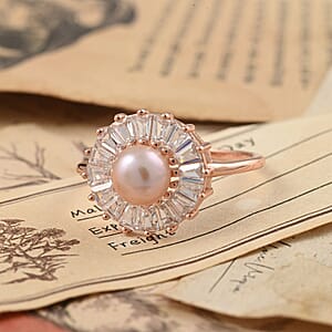 Purple Freshwater Pearl and Simulated Diamond Floral Ring in 14K Rose Gold Over Sterling Silver (Size 5.0) 1.00 ctw