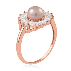 Purple Freshwater Pearl and Simulated Diamond Floral Ring in 14K Rose Gold Over Sterling Silver (Size 5.0) 1.00 ctw
