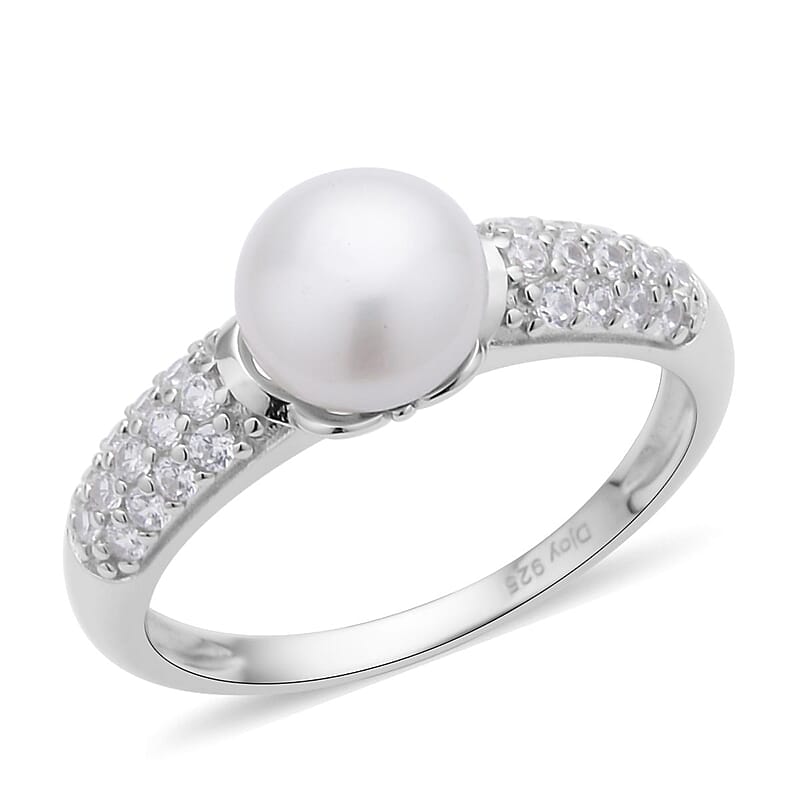 White Freshwater Pearl and Simulated Diamond Ring in Rhodium Over Sterling Silver (Size 10.0) 0.35 ctw