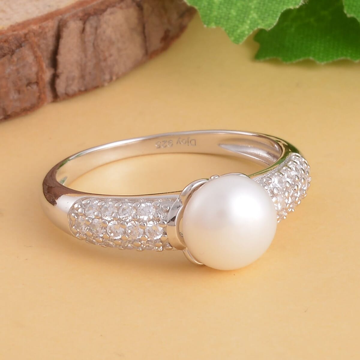 White Freshwater Pearl and Simulated Diamond Ring in Rhodium Over Sterling Silver 0.35 ctw image number 1