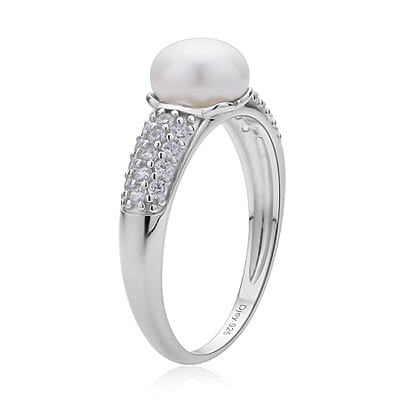 White Freshwater Pearl and Simulated Diamond Ring in Rhodium Over Sterling Silver (Size 10.0) 0.35 ctw