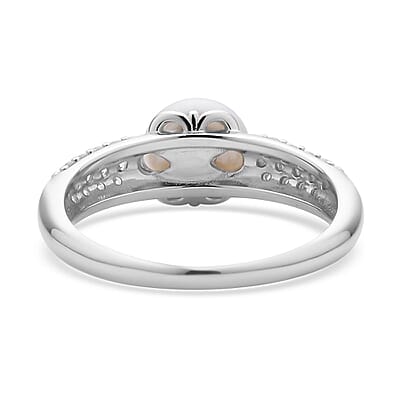 White Freshwater Pearl and Simulated Diamond Ring in Rhodium Over Sterling Silver (Size 10.0) 0.35 ctw