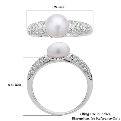White Freshwater Pearl and Simulated Diamond Ring in Rhodium Over Sterling Silver (Size 10.0) 0.35 ctw