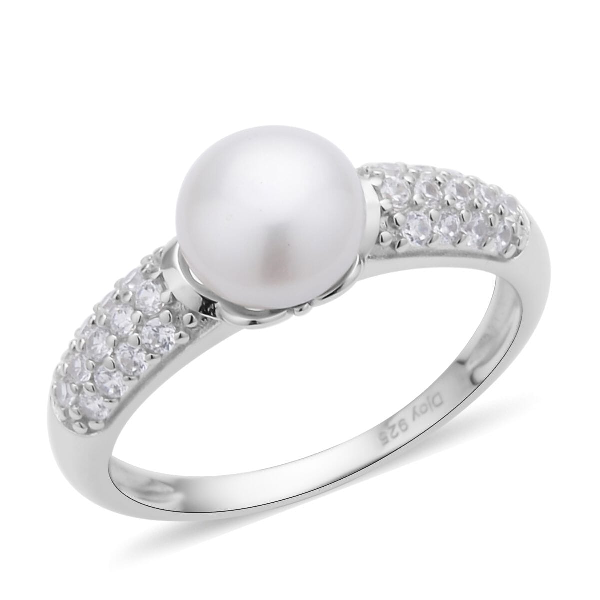 White Freshwater Pearl and Simulated Diamond Ring in Rhodium Over Sterling Silver (Size 8.0) 0.35 ctw image number 0
