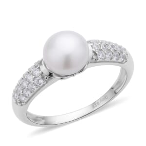White Freshwater Pearl and Simulated Diamond Ring in Rhodium Over Sterling Silver (Size 8.0) 0.35 ctw